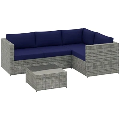 Image of Outsunny 3 Pieces PE Rattan Garden Furniture Set with 10 cm Thick Cushions, 4 Seater Corner Sofa Glass Top Coffee Table, Outdoor for Patio, Porch, Blue
