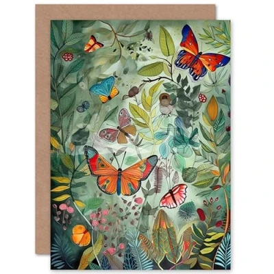 Image of Artery8 Butterfies in a Spring Field Modern Folk Art Nature Birthday Sealed Greeting Card Plus Envelope Blank inside