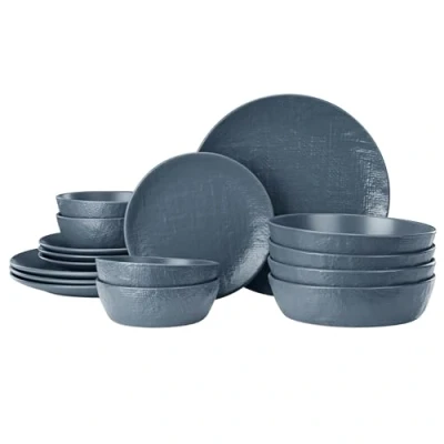 Image of Navaris Linen Artisan Dinnerware Set (16 Pieces) Plate and Bowl for 4 People with Dinner Plates, Side Pasta Bowls, Cereal Bowls Smokey Blue