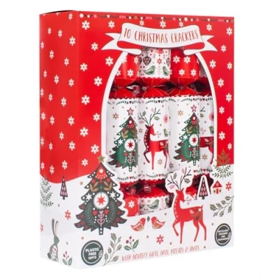 Image of Harvey &amp; Mason Set Of 10 Christmas Crackers Scandinavian Print White And Red Festive Table Decor Xmas Tree Reindeer
