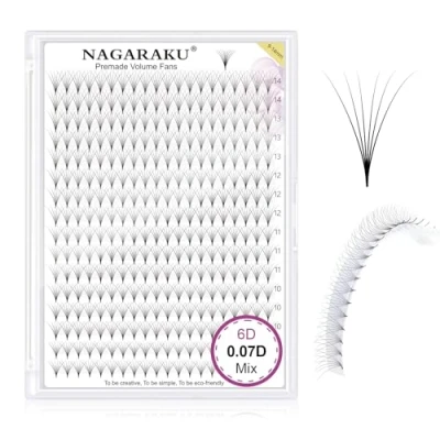 Image of NAGARAKU Eyelash Extensions 320 Pcs Premade Fans Russian Volume Long Stem Thin Pointy Base Natural Pre Fanned Fluffy False Clusters Black 16 Rows (6D 0.07 D Curl 9 14mm Mix Tray)