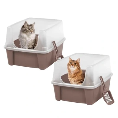 Image of Iris Ohyama Cat Litter Tray with Scoop, Set of 2, Beige, Easy to Clean, Box, Detachable Spill Preventing Walls, For Kittens, Adult Cats, Rabbits, BPA Free, Open Top, Modern, CLH 12
