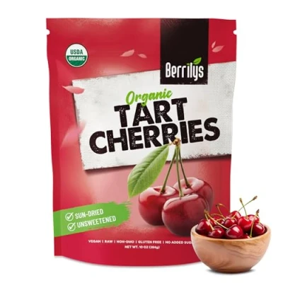 Image of Berrilys Organic Dried Tart Cherries, 284 GR, Pitted, Great for Baking and Snacking Non GMO, Kosher, Unsulfured, No Added Sugar, Oil