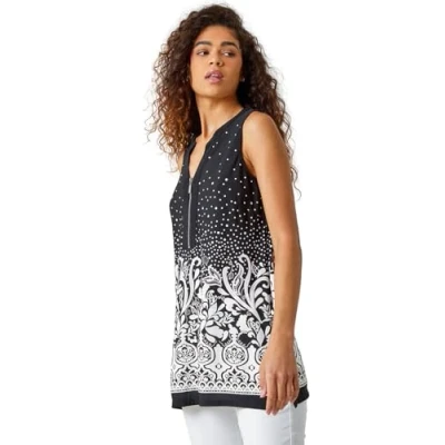 Image of Roman Originals Border Print Zip Detail Stretch Top for Women UK Ladies Everyday Holiday Spring Summer V Neckline Comfy Soft Evening Vacation Work Party Black Size 12