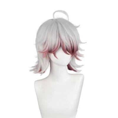 Image of Game Cosplay Wig Silver White Mix Red Short Straight with Bang Heat Resistant Halloween Costume Party