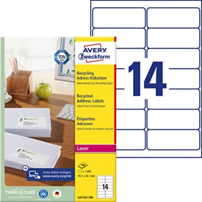 Image of AVERY Zweckform LR7163 100 Recycled Labels (1,400 Address Labels, 99.1 x 38.1 mm on A4, 100% Paper, Printable, Self Adhesive, for DIN Long Envelopes), Sheets, Natural White