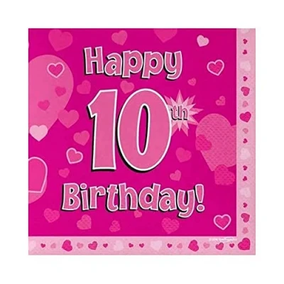 Image of Oaktree Happy 10th Birthday Pink 33cm x 3 ply Napkins 16pcs