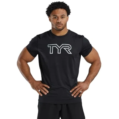Image of TYR mens Athletic Performance Workout Airtec Short Sleeve Tee, Black/Logo, L