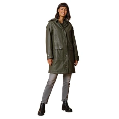 Image of Roman Originals Women Waxed Coat with Hood Ladies Hooded Winter Jacket Pockets Autumn Long Longline Rainproof Windproof Showerproof Everyday Evening Work Smart Casual Khaki Size 12