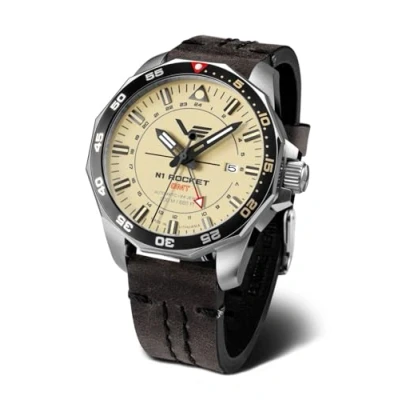 Image of Vostok Europe Men&#039;s Watch with Vintage Leather Strap N1 Rocket Automatic 20 ATM SII NH34 GMT, 225a713 Beige / Grey, Strap.