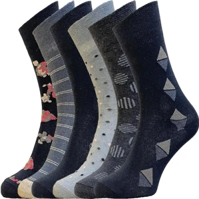 Image of ZombaFlo 6 Pairs Diabetic Socks for Women Non Elastic Cotton Rich Gentle Grip Soft Top UK 4 7 Multipack (Standard, Multi Design)