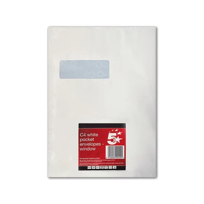 Image of 5 Star C4 Envelope Window Peel and Seal 90gsm White (Pack of 10)