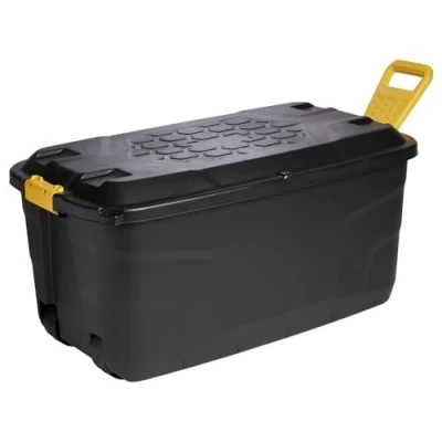 Image of Pluto Packaging Strong Black XL Capacity 110 &amp; 145 Litres Indoor Outdoor Heavy Duty Storage Trunk With Wheels Handles (110 Litre, 2 x Boxes)