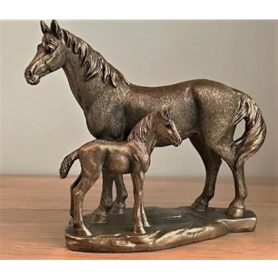 Image of Leonardo Horse Mare &amp; Foal figurine aged bronze effect, Bronzed Reflections range, gold gift box