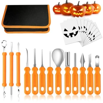 Image of Mengine Halloween Pumpkin Carving Kit, 13 Piece Set Professional Tools Heavy Duty Stainless Steel with Stencils and Storage Bag for Decorative
