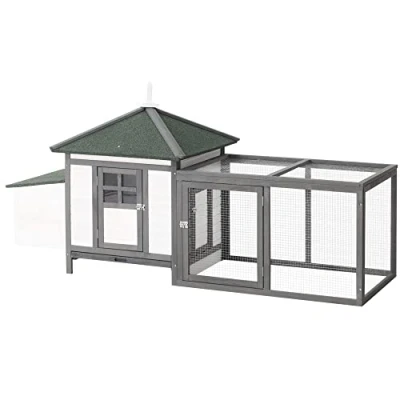 Image of PawHut Chicken Coop with Run, Outdoor Hen House Poultry Cage Nesting Box, Openable Top, 196 x 76 97cm, Grey