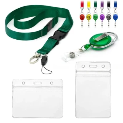 Image of Lanyard with Card Holder 4pc Set, Includes 1 Detachable Safety Breakaway Retractable Yo Reel Clip 2 Clear Waterproof Identification ID Badge Double Sided Plastic Identity Pouches (Green)