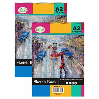Image of Pack of 2 A2 Spiral Sketch Pad 130 GSM Paper Sketchbook, Hardback (420 x 594 mm) 15 Sheets White Cartridge Ideal for Pen Pencils Pastels Charcoal Inks