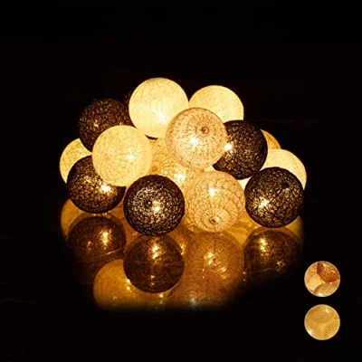 Image of Relaxdays LED String with 20 Cotton, Battery Operated, Mood Lighting, Balls 6 cm Ø, White/Grey/Black