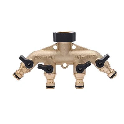 Image of LINZI 4 Way Solid Brass Tap Garden Hose Splitter, Outdoor Utility Connector Water Taps Divider Distributor with Individual On/Off Valves and Quick Connectors for Watering Irrigation