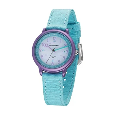 Image of JACQUES FAREL ORSO 3075 Solar Watch Learning Eco Children&#039;s Girls Analogue Quartz with Textile Strap Made of Organic Cotton Ice Blue Sustainable, blue, Strap.
