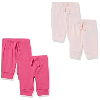 Image of Amazon Essentials Baby Girls&#039; Cotton Pull On Trousers, Pack of 4, Light Pink/Rose, 24 Months