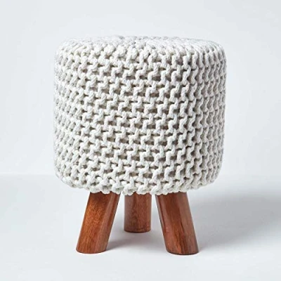 Image of HOMESCAPES Natural Cotton Knitted Pouffe Footstool with Wooden Legs 32 x 42 cm