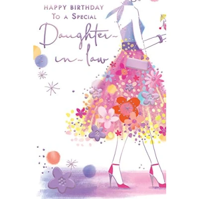 Image of Daughter in Law Bright Dress &amp; Flowers Female Happy Birthday Card Lovely Verse