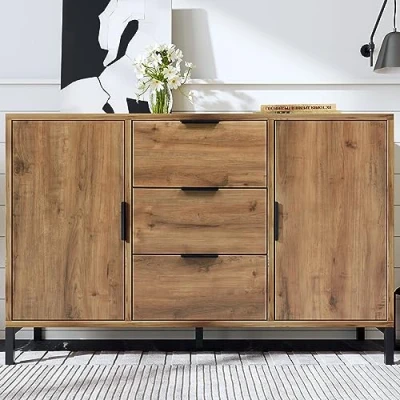 Image of BTM Dark Oak Sideboard Cabinet for Living Room, Bedroom Chest of Drawers with 2 Doors and 3 &amp; Adjustable Shelf, 40D x 120W 76H CM