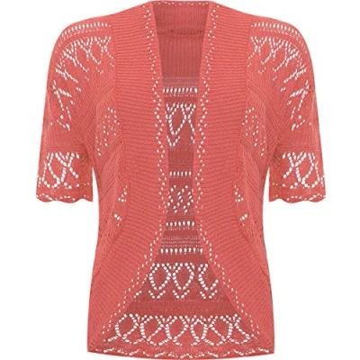 Image of WearAll Womens Plus Size Crochet Knitted Short Sleeve Ladies Open Cardigan Top Coral 18 20