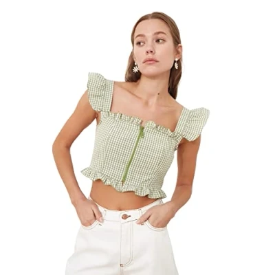 Image of Trendyol Women&#039;s Woman Regular Standard Square Collar Woven Blouse Shirt, Green, 36 UK