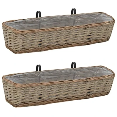 Image of vidaXL Balcony Planter Set of 2 Wicker with PE lining Rectangular Pots Rustic Brown Planters for Vegetables, Herbs, and Flowers