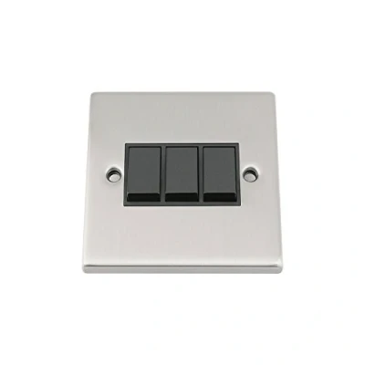 Image of Light Switch 3 Gang Satin Matt Chrome Square BLack Insert Plastic 10 Amp Triple 2 Way