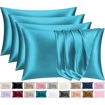 Image of Pamposh Satin Silk Pillowcases For Hair And Skin 4 Pack Standard Size with Envelope Closure (Teal, Pcs (50 x 75 cm))