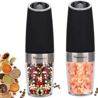 Image of Electric Salt and Pepper Grinder Set, Automatic Mill with LED Light, Battery Operated Grinder, Adjustable Coarseness, One Hand Operation, 2Pcs (Black)