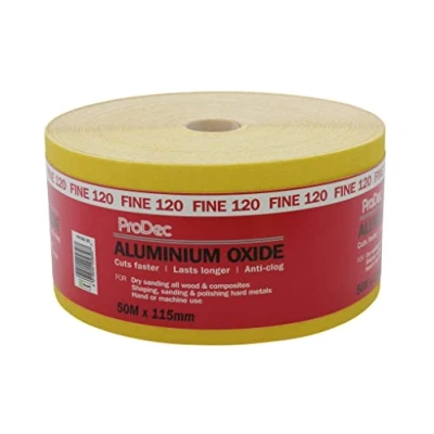 Image of ProDec 50m Roll 120 Grit Fine Grade Yellow Aluminium Oxide Abrasive Sanding Paper for Wood, Paint, Plaster, Filler, Metal and More, 115mm Wide Sandpaper Compatible with Machine Sanders