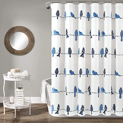 Image of Lush Decor Rowley Birds Shower Curtain, 72 W x L, Navy Colorful Floral Bird Pattern Whimsical &amp; Playful Curtain Farmhouse, Coastal, Boho Bathroom