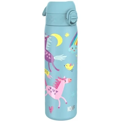 Image of Ion8 Steel Water Bottle, 600 ml/20 oz, Leak Proof, Easy to Open, Secure Lock, Dishwasher Safe, Flip Cover, Fits Cup Holders, Carry Handle, Durable, Metal Raised Print, Blue Unicorns
