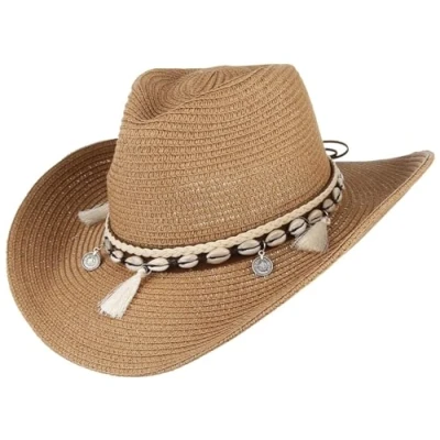 Image of GEMVIE Women&#039;s Summer Straw Cowboy Cowgirl Hat Sun Hats Wide Brim Beach Holiday with Shell Band Khaki