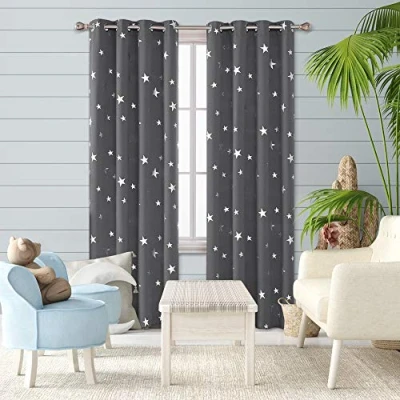 Image of Deconovo Super Soft Foil Star Printed Thermal Insulated Eyelet Blackout Curtains for Nursery 66 x 72 Inch Dark Grey 2 Panels