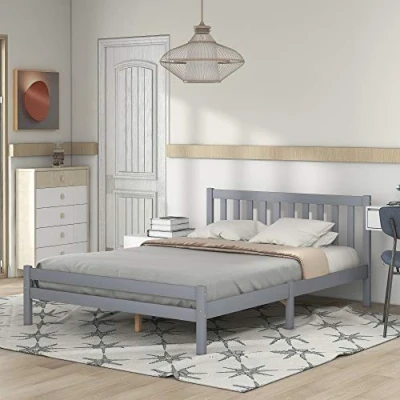 Image of Merax 4ft6 Double Bed, Space saving and Elegant, 6 Supporting Legs, Solid Wooden Bed Frame with Headboard Footboard for Adults, Kids Teenagers, 135x190cm, Grey
