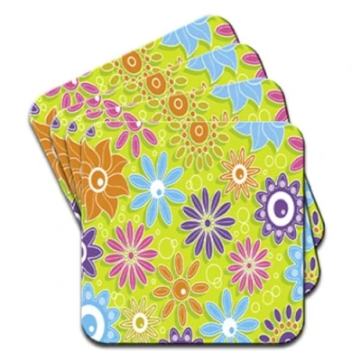 Image of Lime Green Background with Blue Pink Orange Purples Set of 4 Coasters
