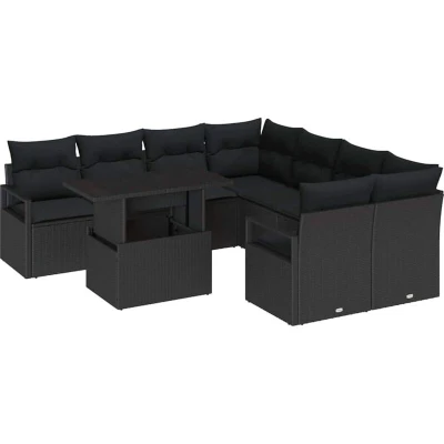 Image of vidaXL 9 Piece Garden Sofa Set with Cushions Black Poly Rattan