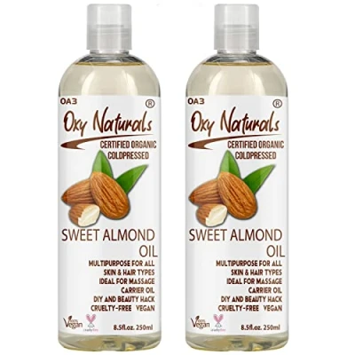Image of Oxy Naturals Sweet Almond Oil 250ml (Pack of 2) Nourishing Care for Skin, Hair, Nails &amp; Body Perfect Massage, Cuticles, Face, and Stretch Marks Pure Carrier Aromatherapy