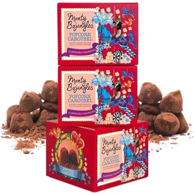 Image of Monty Bojangles Popcorn Carousel, 3 Gift Boxes Choose from 11 Flavours, Cocoa Dusted Truffles, x 100g (Gift Pack 300g)