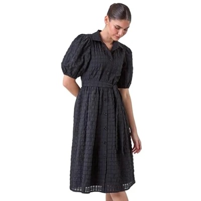 Image of Roman Womens Textured Puff Sleeve Midi Shirt Dress Black Size 16 UK