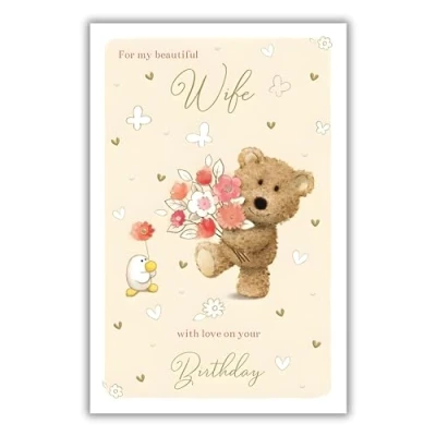 Image of Wife Birthday Card Beautiful Barley Bear Teddy Flowers and Love Hearts Special Finishes Illustrated Insert Leaf Made in the UK Eco Friendly