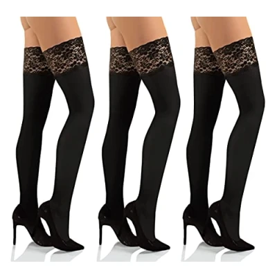 Image of Sesto Senso 3 Pack Womens Hold Ups Stockings 50 Denier Microfiber Opaque Sexy Lace Top 3/4 Black