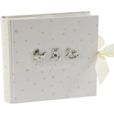 Image of Beautiful Bambino&quot;Baby Shower&quot; 6&quot; x 4&quot; Slip in Photo Album White with Silver Stars &amp; Icons