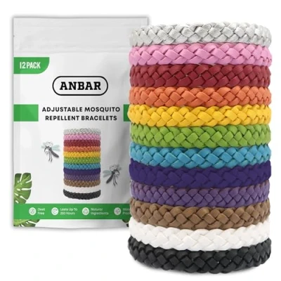 Image of Anbar Leather Mosquito Repellent Bracelets for Adults and Kids, 12 Pack, Deet Free, All Natural Anti Mosquito, Tick, Insect Essential Oils, 300 Hour Waterproof Outdoor Protection (Solid)